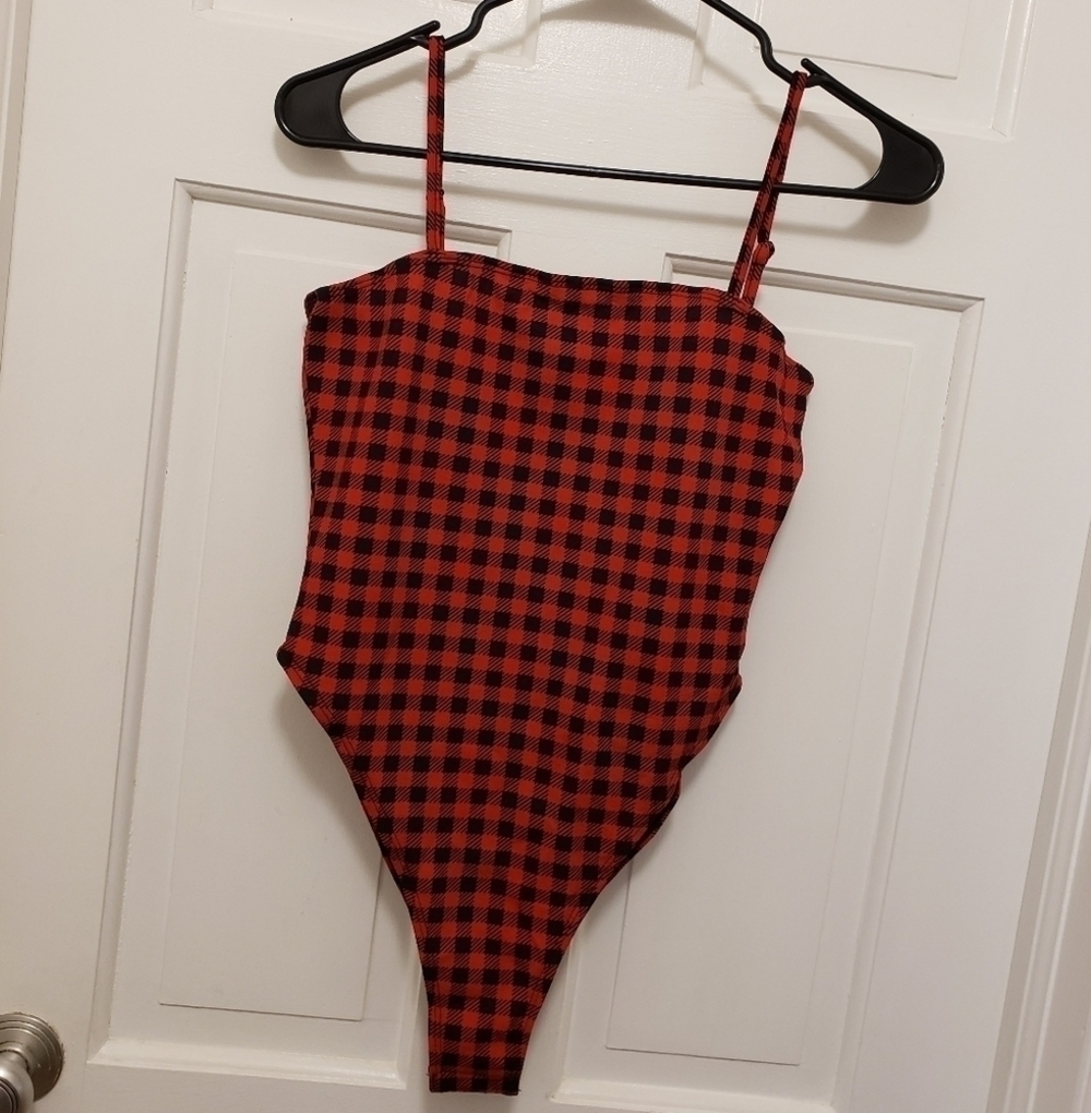 Shein Red & Black Gingham Body Suit Size XS adjustable straps